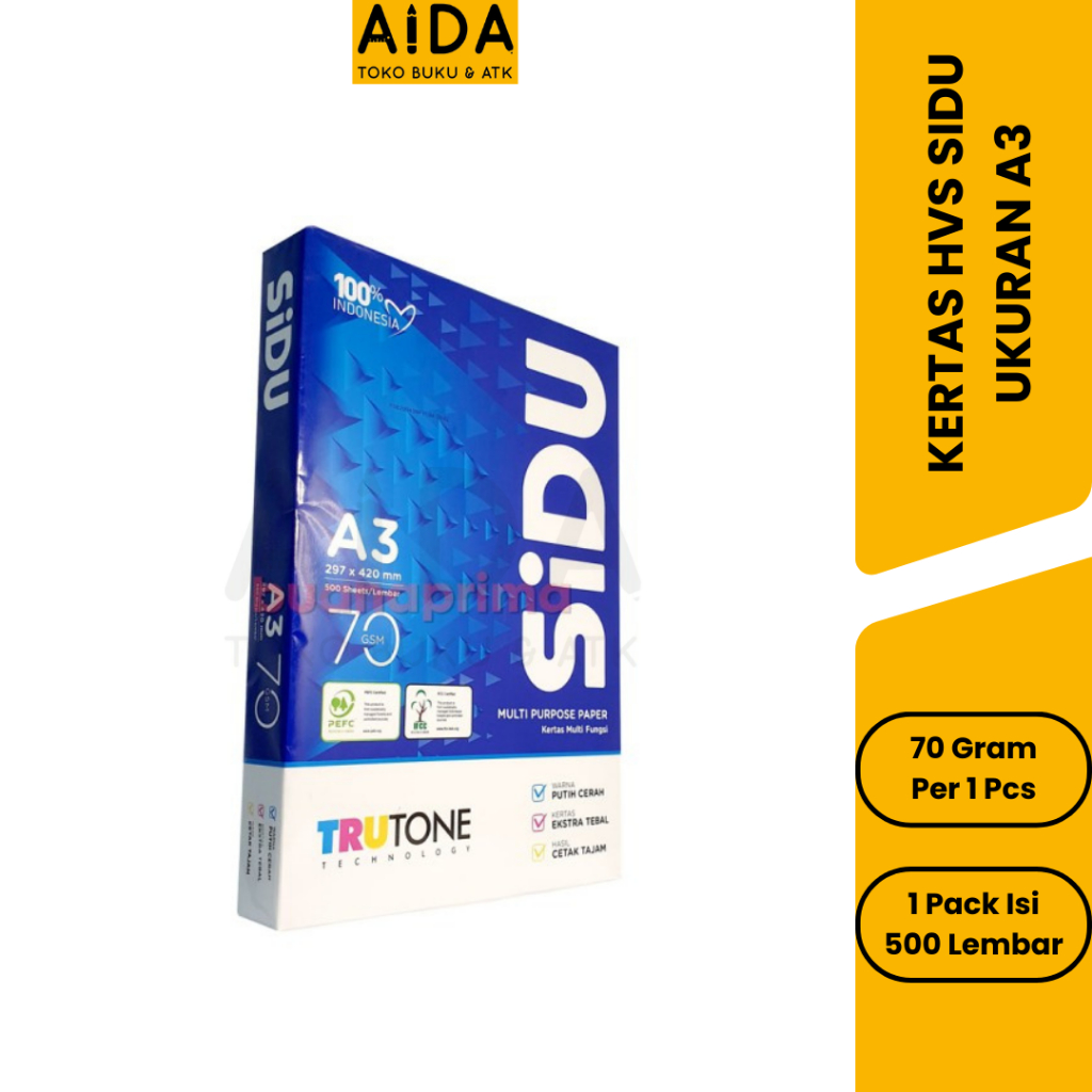 SIDU A3 HVS Paper 70 แกรม 1 รีม บรรจุ 500 แผ่น / SIDU A3 Photocoopy Paper