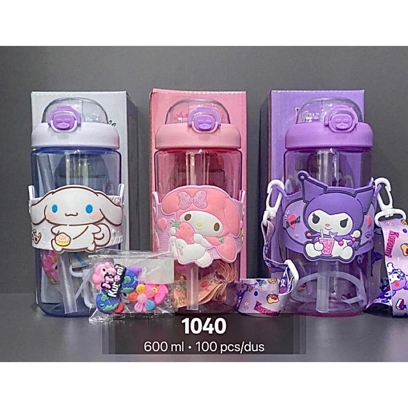 Lrms ขวดดื่มสําหรับเด็ก Tritan วัสดุฟาง 650ml Melody Kuromi Cinnamoroll ฟรีสติกเกอร์ 3D & 2D สายยาว