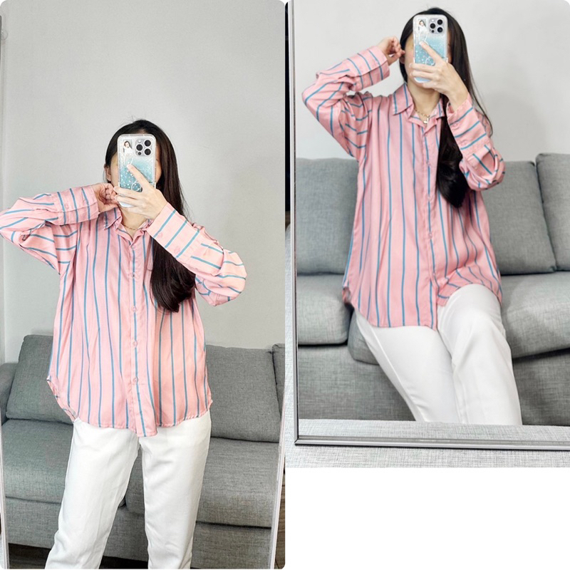 KEMEJA WOMENS RAYON STRIPE SHIRT / OVERSIE STRIPE SHIRT ส่งฟรี