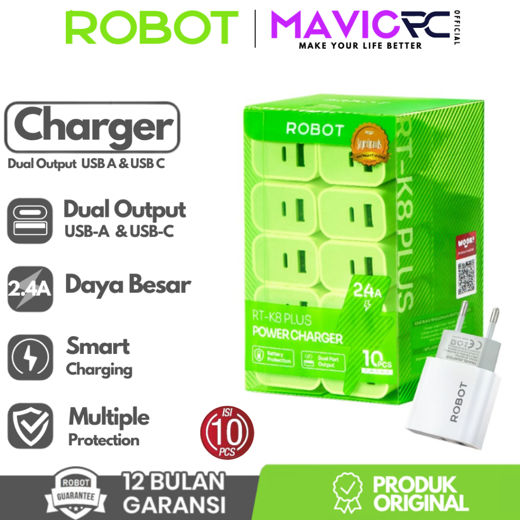 1 กล่อง ROBOT RT-K8 PLUS ChargeR Adaptor 2.4A Dual Output USB-A + USB-C (1 กล่อง 10 ชิ้น) BY.ROBOT S