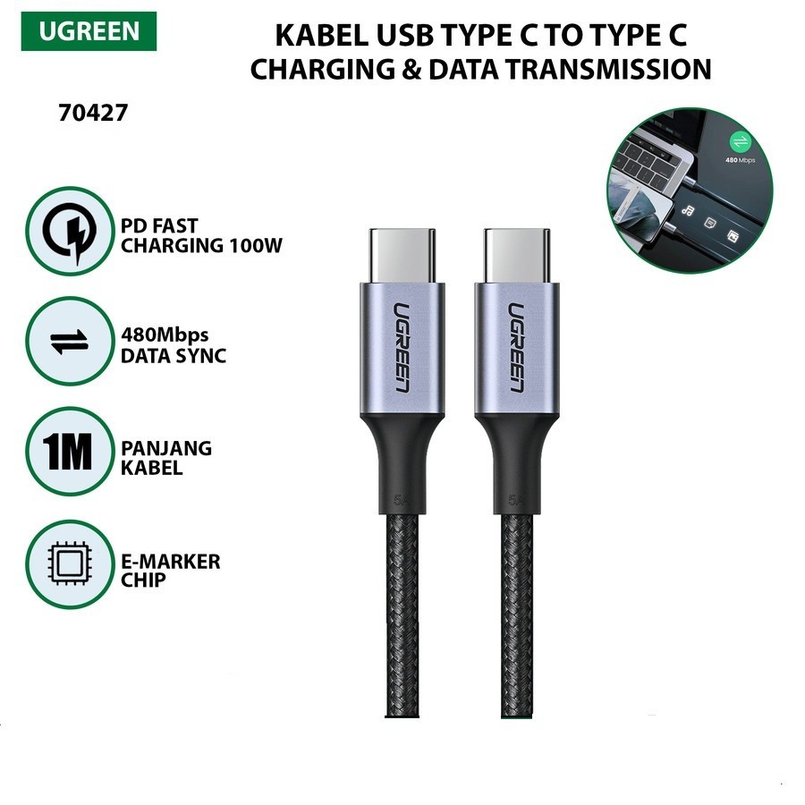 สายเคเบิลข้อมูล Usb Type-C ถึง Type-C 100w ugreen 70427 PD Fast Charger ไนลอน