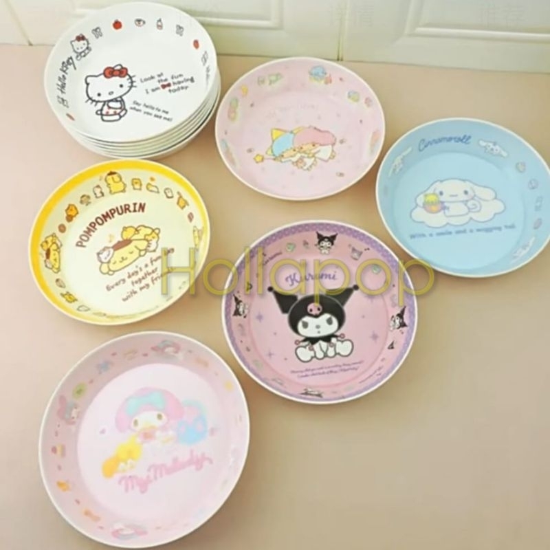 Hop ชามแบนเมลามีน Kuromi Melody Cinnamoroll Hello Kitty Pompompurin Twin Stars d16.5ซม.