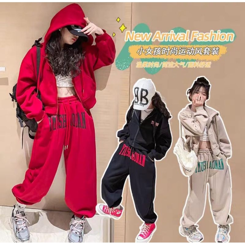 BANGKOK SET OF THICK JOGER LONG PANTS + ZIPPER TOP HODIE CROP IIMPORT SUPER PREMIUM สําหรับ GIRLS AG