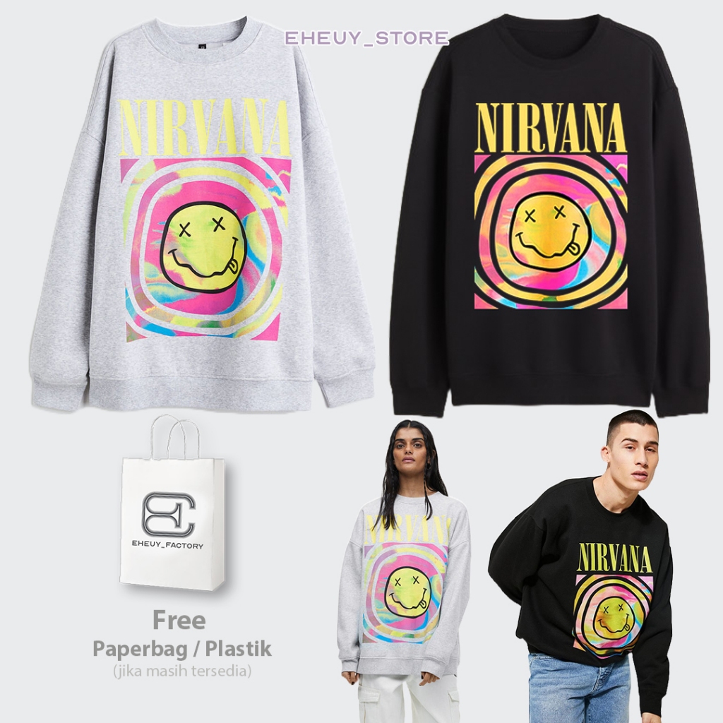 Katun Crewneck HM Nirvana Vertigo โลโก้สีเหลือง Nirvana Rainbow เสื้อกันหนาวผู้หญิงเสื้อกันหนาวผ้าฝ้
