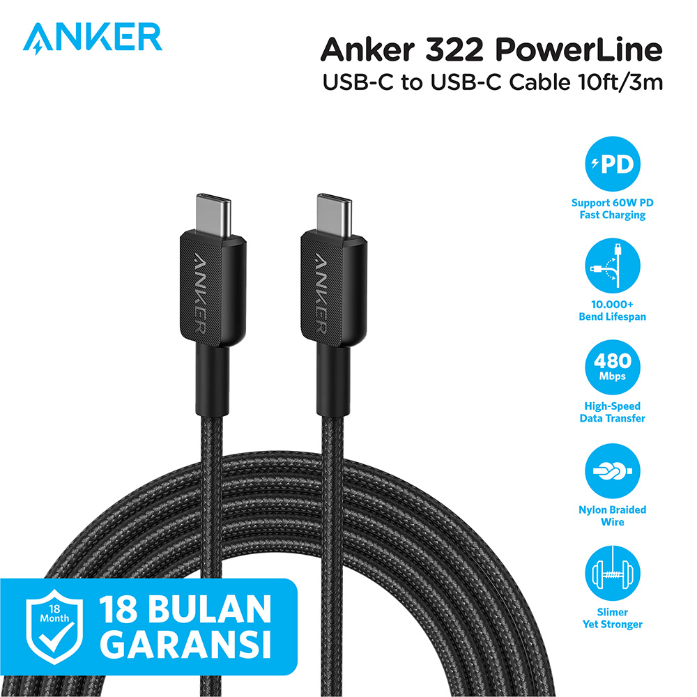 Anker 322 USB-C to USB-C Cable Charger Cable (10ft Braided) - A81F7