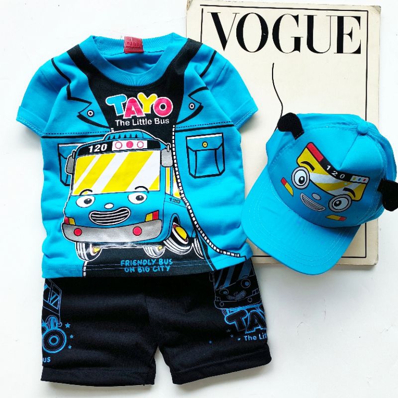 TAYO เสื้อผ้าสําหรับเด็กผู้ชาย, BUSTAYO MOTIF ชุดพร้อมหมวกสําหรับ CHILDREN AGED 1-10 ปี