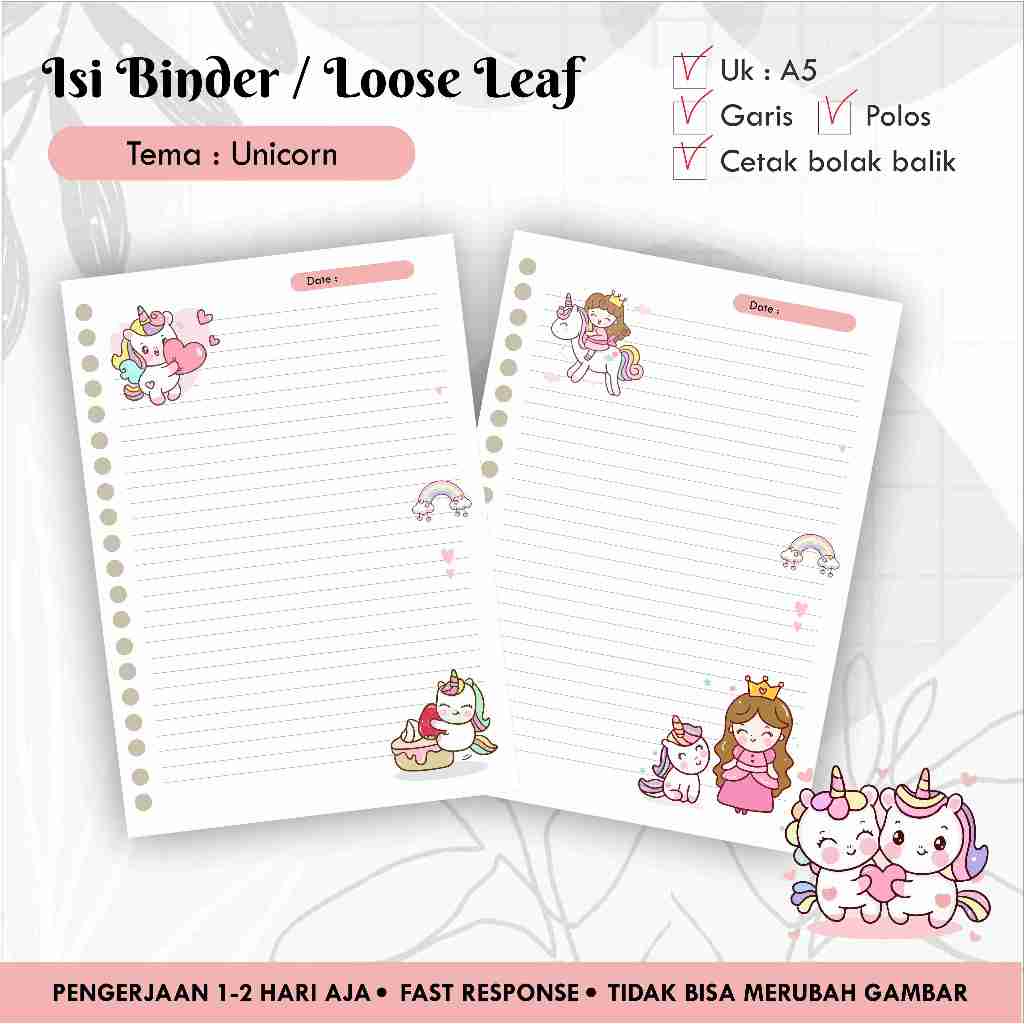 [10 ชิ้น] เนื้อหาเครื่องผูก / ภาพใบหลวม A5 ธีม UNICORN / Binder Map Refill / Plain Line