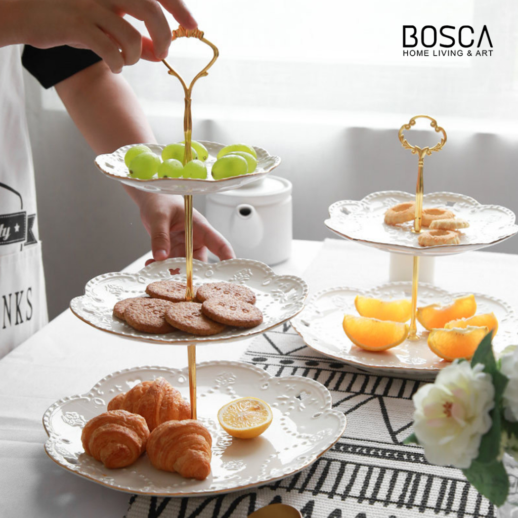 Bosca Living - ถาดเซรามิค วางเค้ก ผลไม้ ขนมหวาน เค้ก แบบ 2 ชั้น และ 3 ชั้น สีเงิน