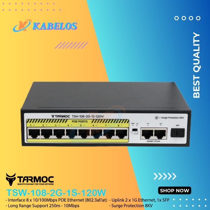 Tarmoc TSW-108-2G-1S-120W 8 พอร์ต 10/100 POE 802.3af/at POE Switch 120W