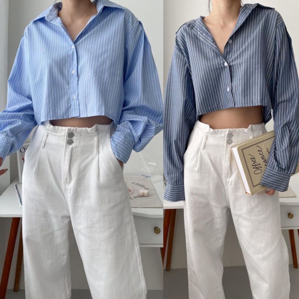 KEMEJA NANDO ORIGINAL H&M STRIPE CROP SHIRT