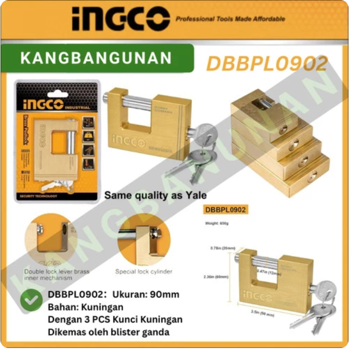 WAREHOUSE BRASS PADLOCK 90mm INGCO Yale Quality DBBPL0902