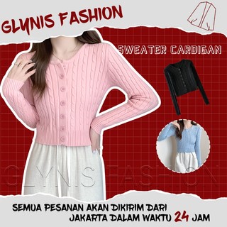 Glynis - Cardigan rajutan lengan panjang warna solid desain twist wanita gaya Korea