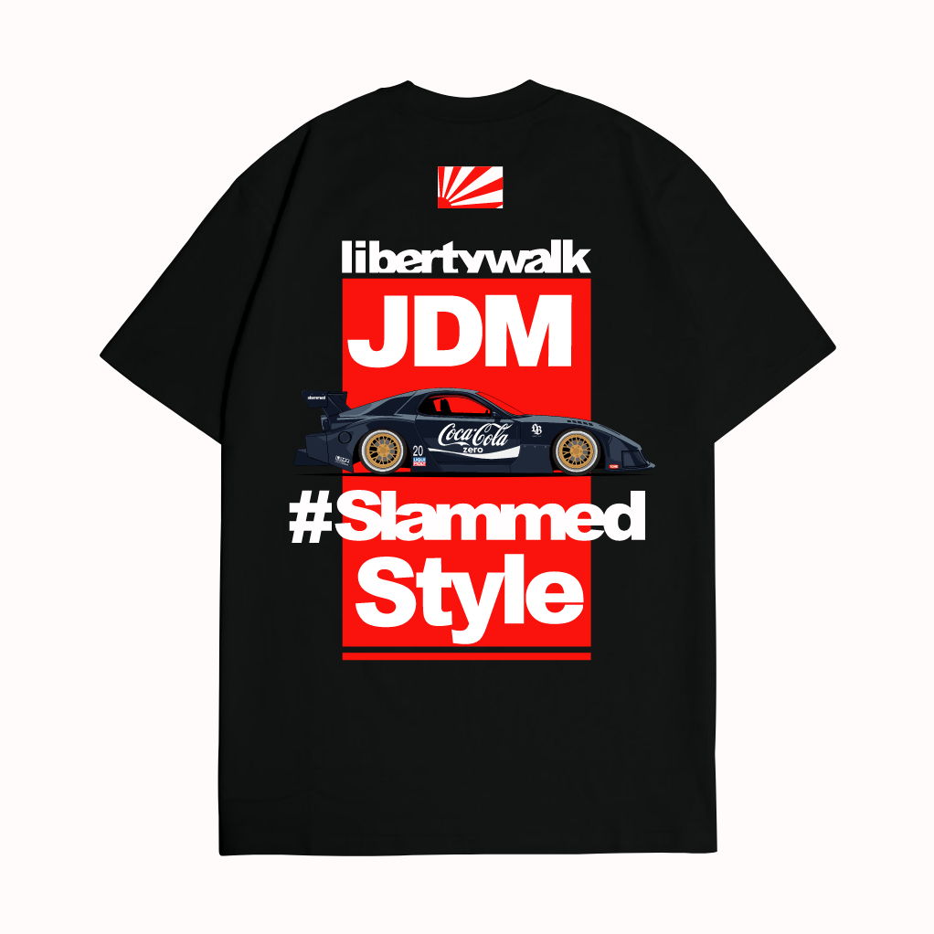 KRMK เสื้อยืด Unisex Distro เสื้อ JDM LIBERTY WALK SLAMMED MAZDA RX-7 RX7 COLA BLACK V2 ภาพ