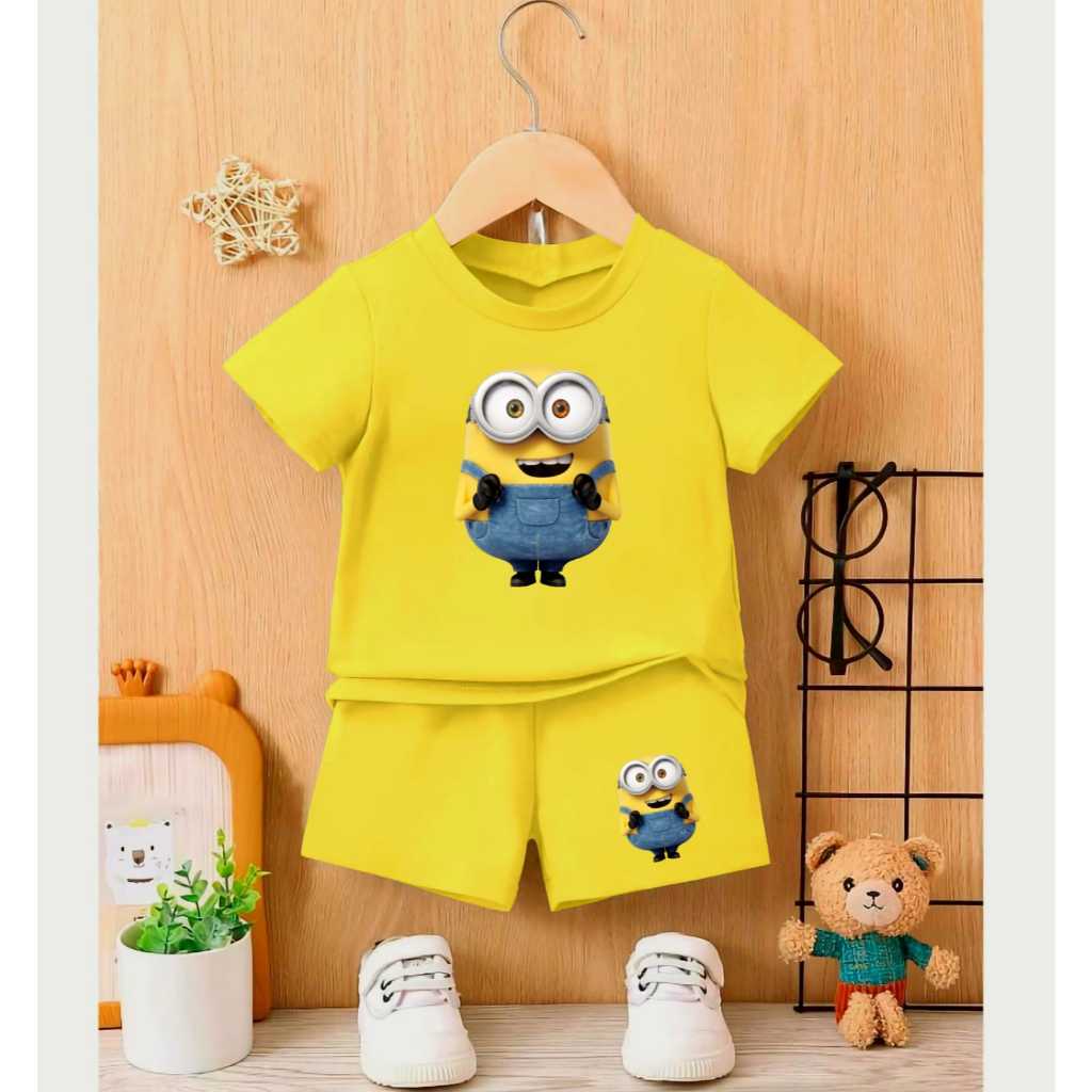 ลายมินเนี่ยนชายหญิงเสื้อยืดชุดสําหรับอายุ 1-8 ปี