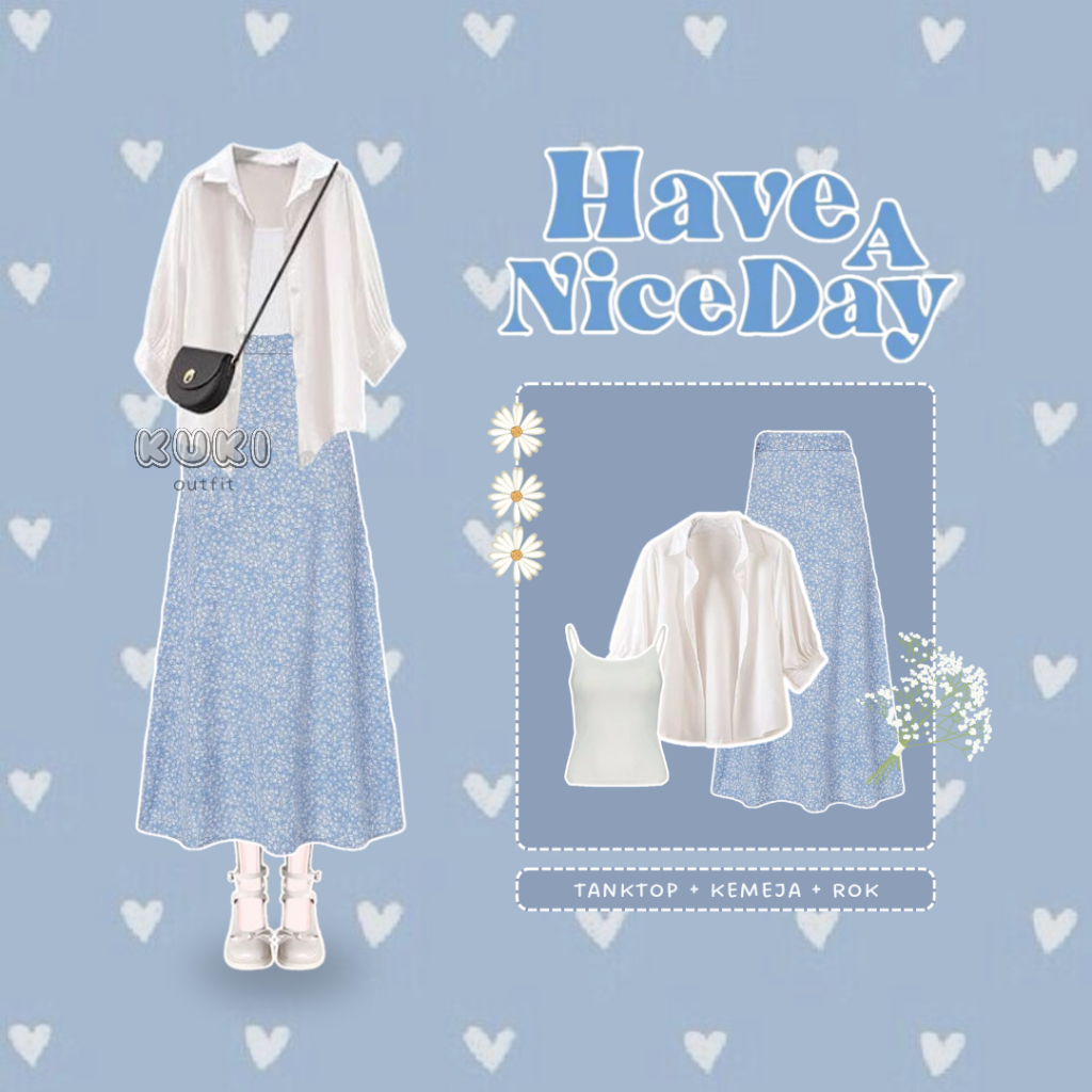 Putih KEMEJA 3in1 เสื้อเชิ้ตอัดพลีทสีขาว, เสื้อแขนบอลลูน, กระโปรงจีบชุดสไตล์เกาหลี - KK24