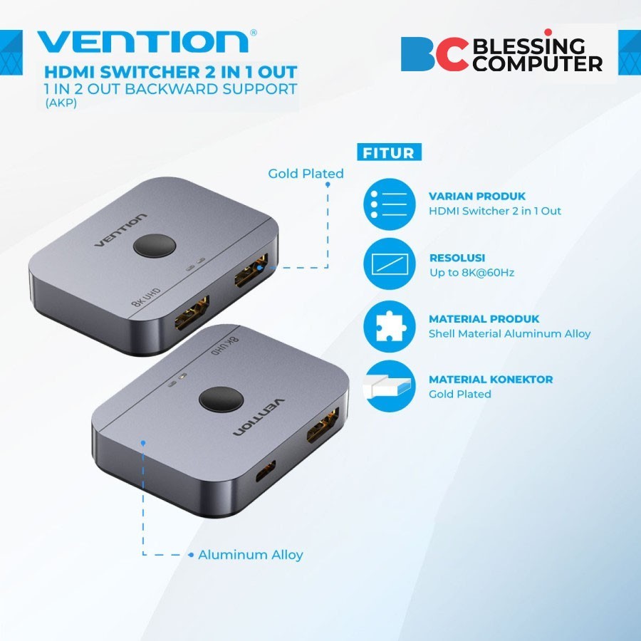 HDMI Switcher 2 in 1 Out Bi-Directional 8K VENTION AKPH0 สีเทา