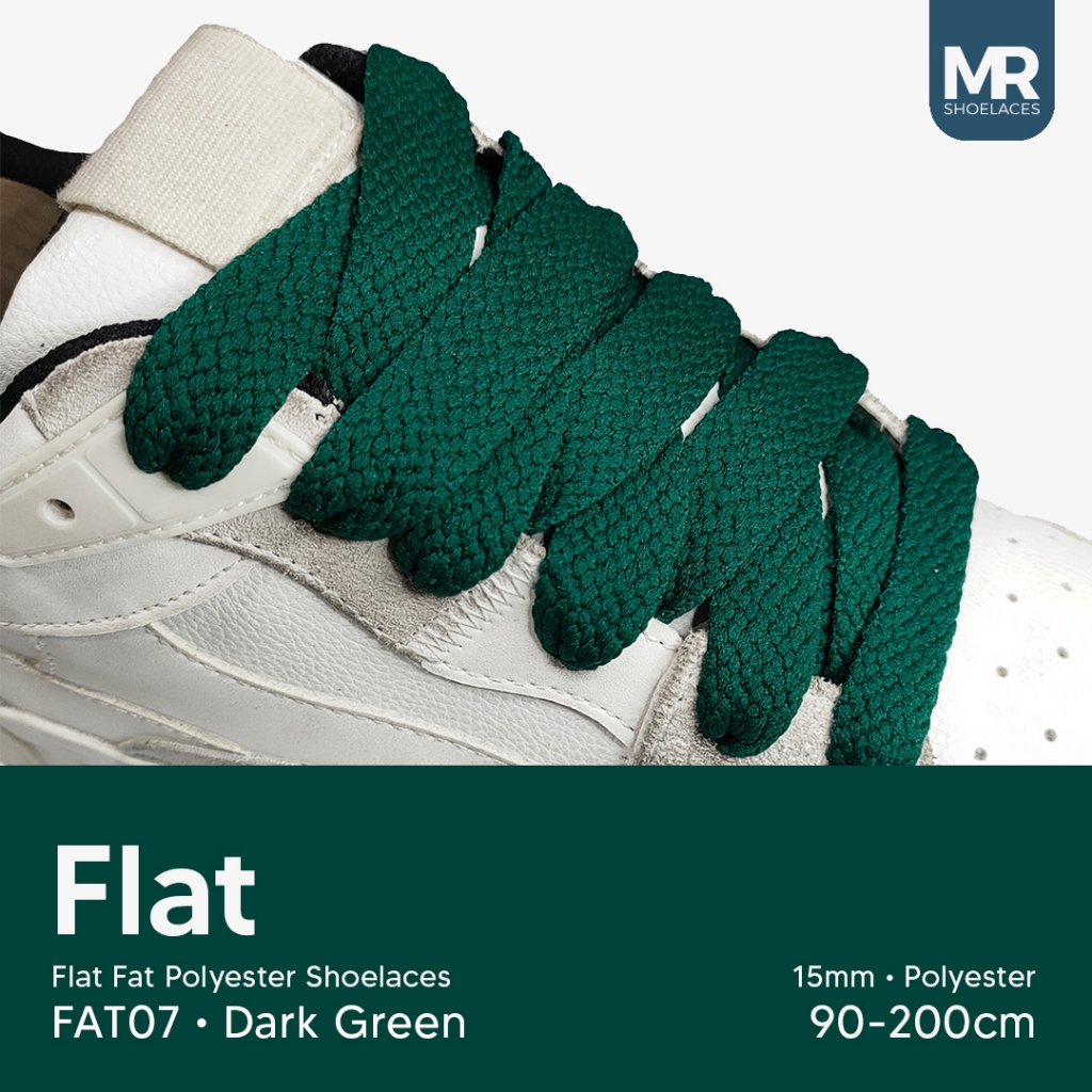 Hijau Mr Shoelaces FAT07 สีเขียวเข้ม (สีเขียวเข้ม) เชือกผูกรองเท้าโพลีเอสเตอร์ไขมันแบน 1.5 ซม. 15 มม.80 ซม.90 ซม.100 ซม.120 ซม.130 ซม.150 ซม.180 ซม.200 ซม.สําหรับ Knu Skool รองเท้าผ้าใบ - เชือกผูกรองเท้าพรีเมี่ยม
