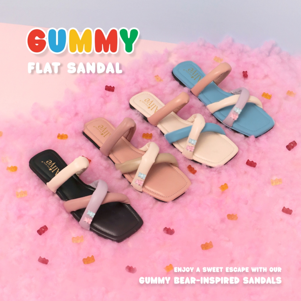 Alivelovearts Gummy Bear Sandals รองเท้าส้นแบน 1 ซม.รองเท้าแตะรองเท้าแตะผู้หญิงน่ารัก