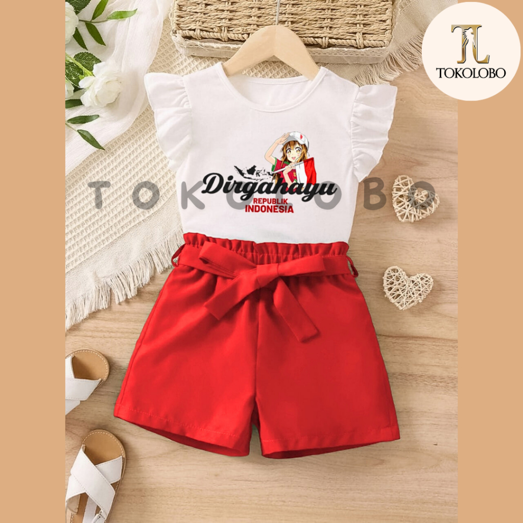 MERAH Tokolobo WAREHOUSE SALE SET OF PERTIWI CHILDRENS AUGUST ผ้าเด็กผู้หญิงสีแดงและสีขาว (อายุปรับป