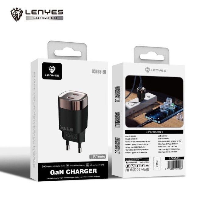 JH CHARGER LENYES LCH-68 35W GaN LED DIGITAL DISPLAY DUAL PORT PD HEAD CASAN + FAST CHARGING CABLE L