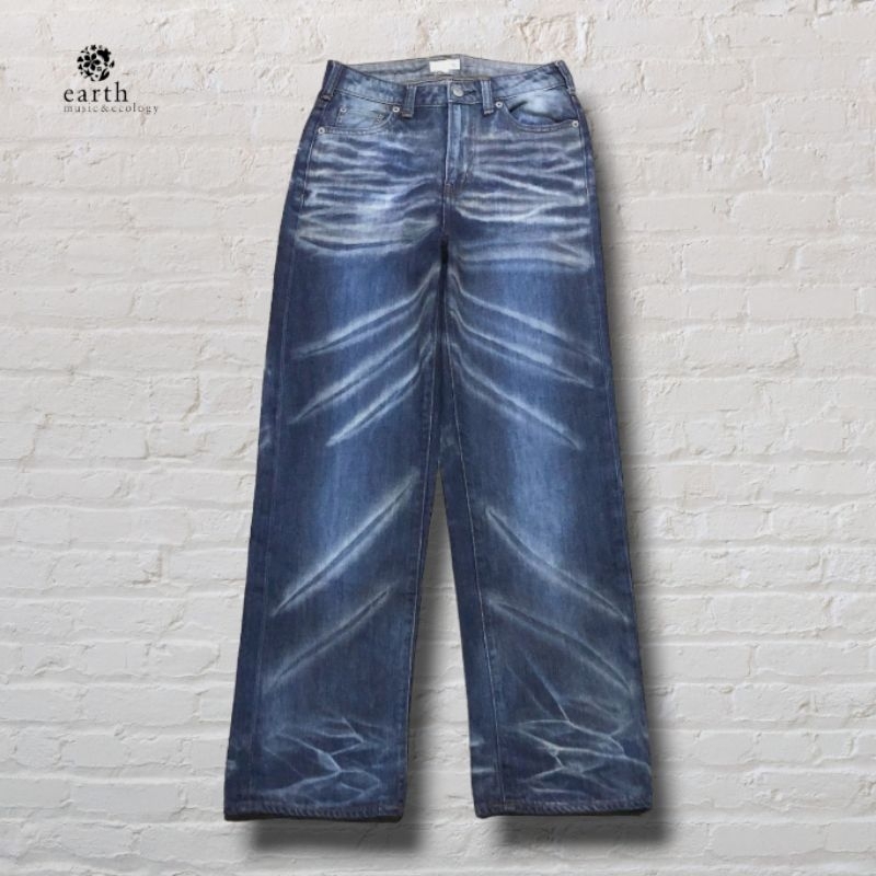 กางเกง Longpants กางเกงยีนส์ Earth Music & Ecology Dark Blue Washed Fading Regular Original Second P