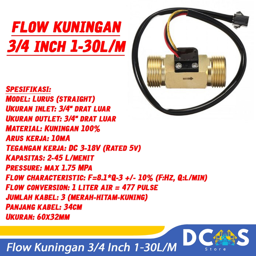 Water Flow Sensor ทองเหลือง 3/4" / Flow Sensor ทองเหลือง 3/4" /flow 1-30L/m (BG3/4)