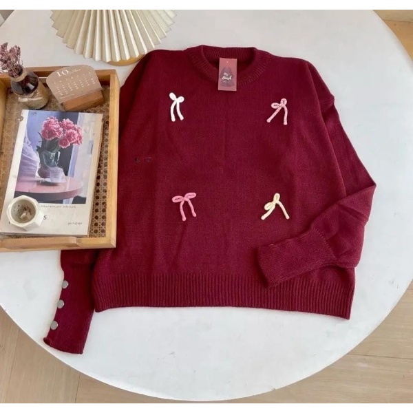 Ribbon KNITTED BLOUSE / ROOM TOP WOMEN& 39;S BLOUSE CUTE RIBBON MOTIP / NADINE KNITTED RIBBON BLOUSE