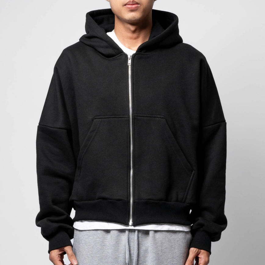 Cottonsupply 400GSM Ultra Heavyweight สีดํา Boxy Crop Hoodie Crewneck Zipper Unisex