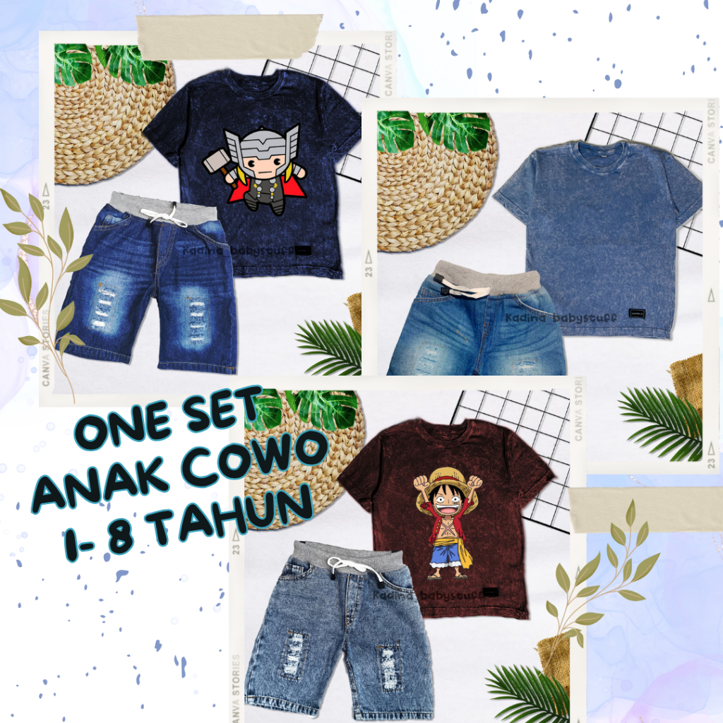 BOYS JEANS SET/RIPPED SHORTS/ SUPERHERO CHARACTER KIDS T-SHIRT อายุ 1-8 ปี