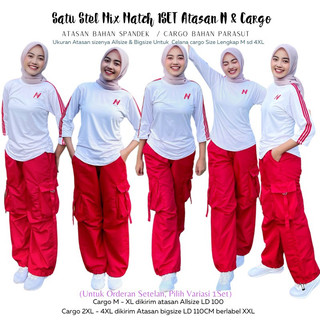 Mix Match Cargo Harajuku Merah Bahan Parasut dan Atasan N Petir Putih lis Merah Spandek Olahraga Zumba Aerobik Unisex Bisa dibeli Satu Stel dan Pembelian Terpisah