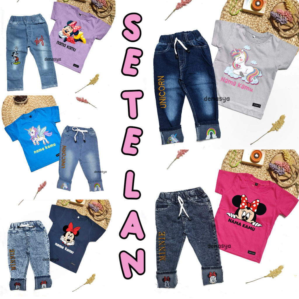 GIRLS SUITS/ เสื้อยืด COSTUME พร้อมชื่อและวัฒนธรรม/ MINNIE SNOW WASH EMBROIDERED JEANS PANTS อายุ 1-