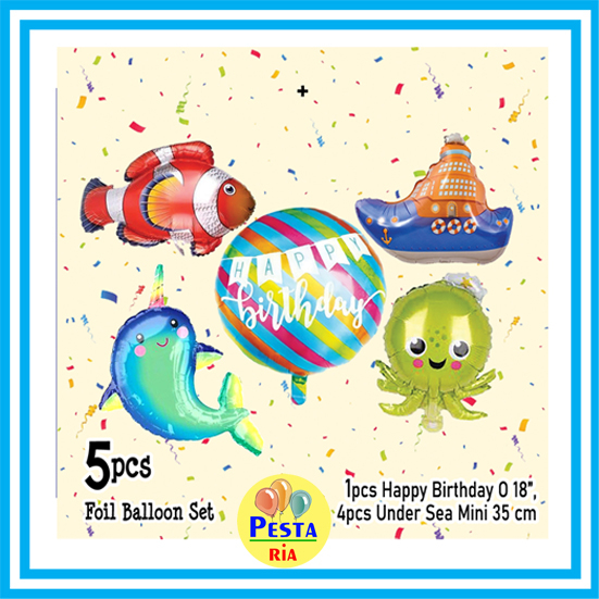 ! (1 ชุด 5 ชิ้น) HBD ชุดลูกโป่งฟอยล์ Under The Sea ชุดลูกโป่งฟอยล์ตัวละคร ลูกโป่งฟอยล์วันเกิดตัวละคร