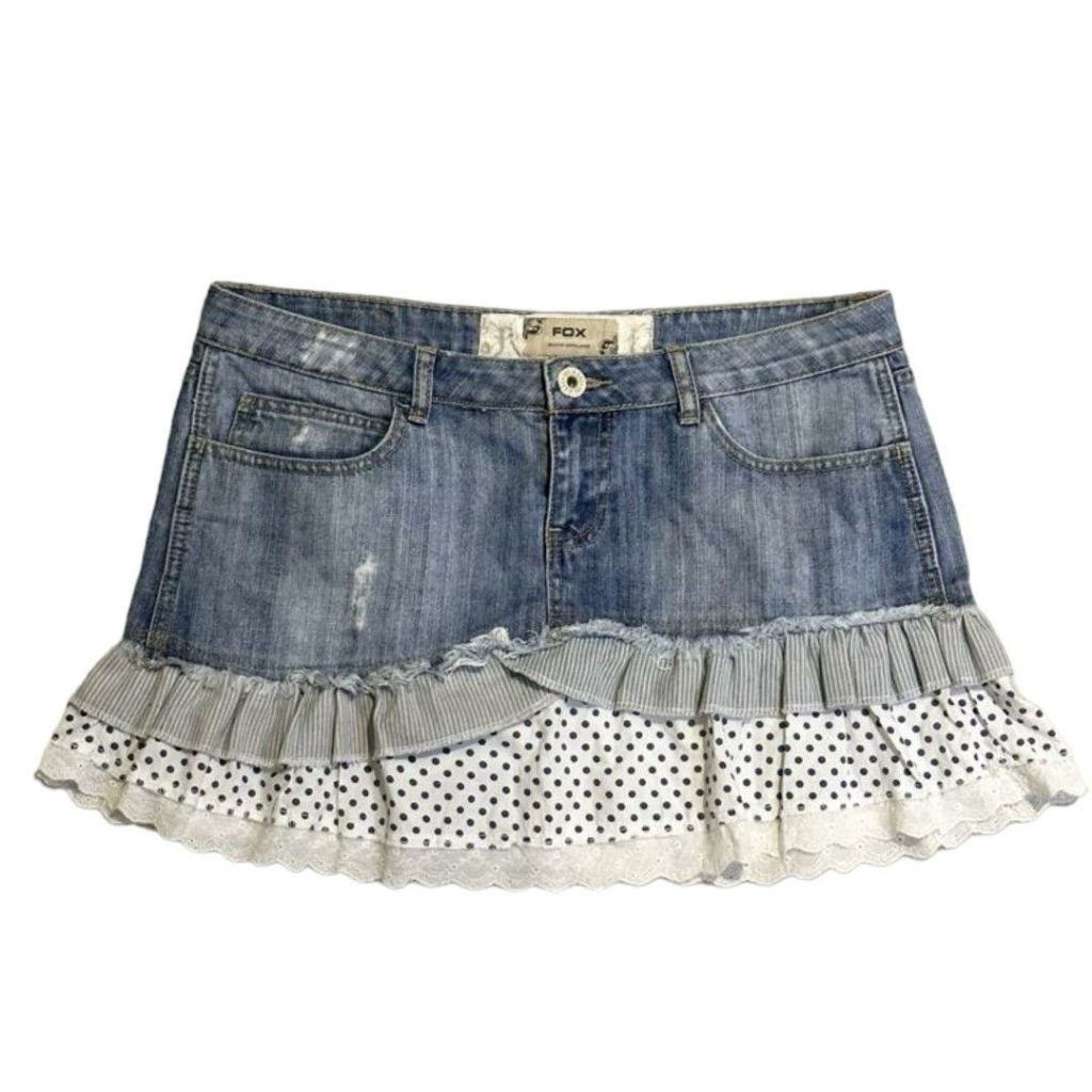 Denim Lace Layered Ruffle Mini Micro กระโปรงเอวต่ํา | กระโปรงสั้นสวยๆ ลูกไม้ จับฉลาก ซ้อน umpak coqu