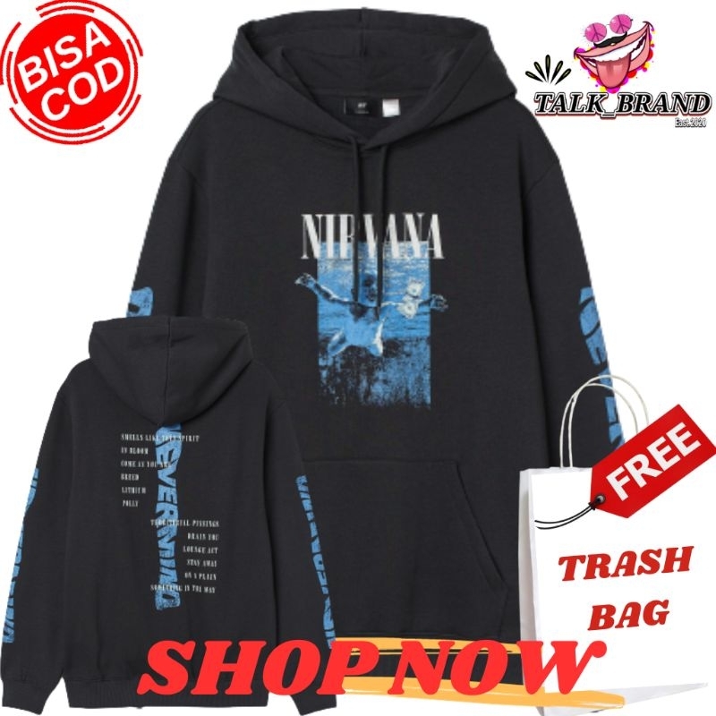 (9.9) พูดคุยแบรนด์ | HM Nirvana nevermind เสื้อฮู้ดสีดําสําหรับผู้ชายและผู้หญิงมีป้ายเต็ม
