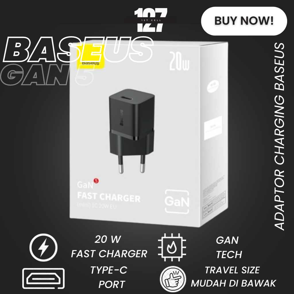 Baseus Head Charging Gan 5 Charger Type C Fast Charger 20W Gan Tech Travell Size Adapter