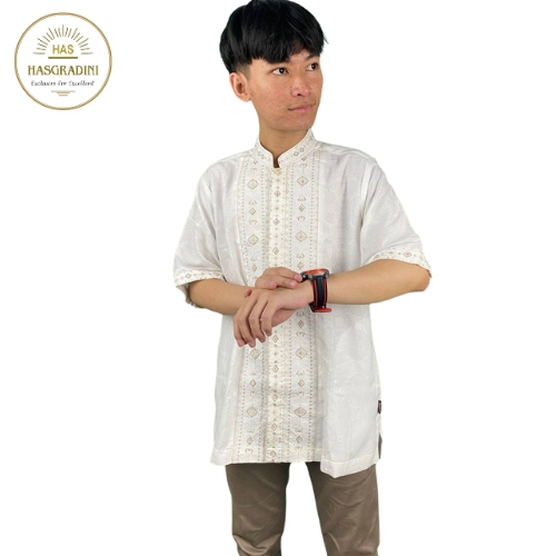 Putih Hasgradini koko jaguar white เสื้อเชิ้ตผู้ชายแขนสั้น ผ้าคอตโต้ปักลาย