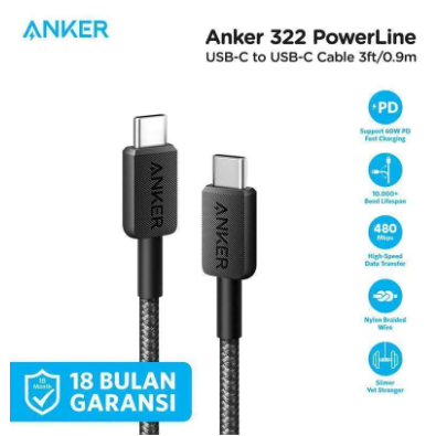ANKER Type-C to Type-C Fast Charging Charger CABLE - ANKER CABLE 322 A81F5 สีดํา