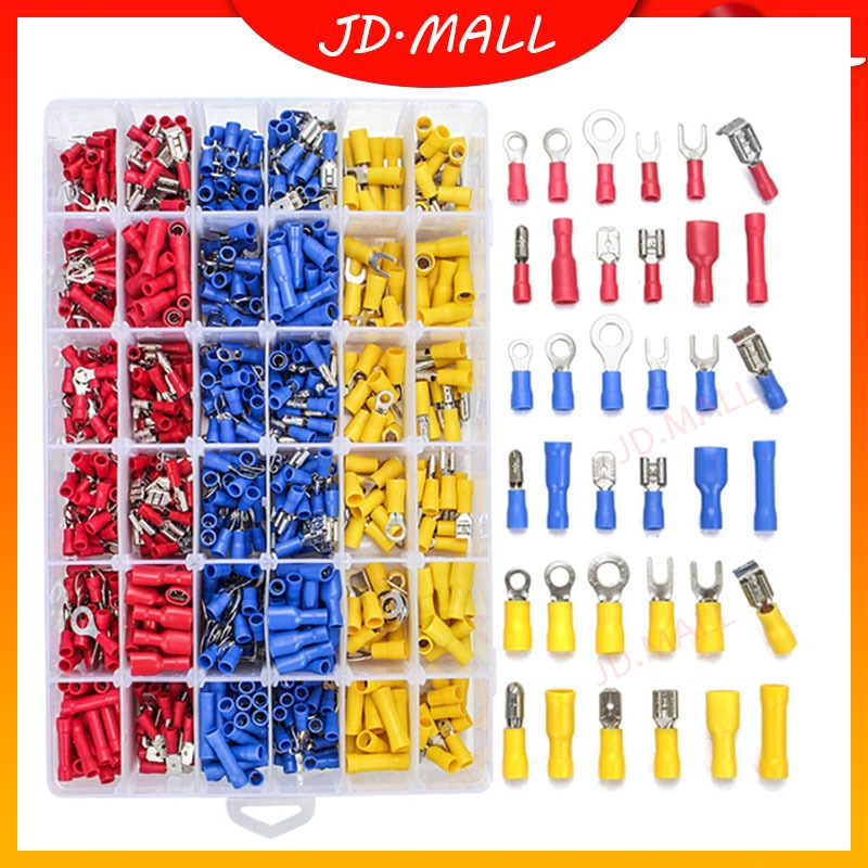 JD.MALL 700PCS ขั้วต่อสายไฟหุ้มฉนวนสารพันไฟฟ้า Crimp Connector Spade Set Kit