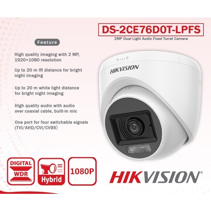 Hikvision DS-2CE76D0T-LPFS 2MP Dual Light Audio Camera กล้องวงจรปิดในร่ม