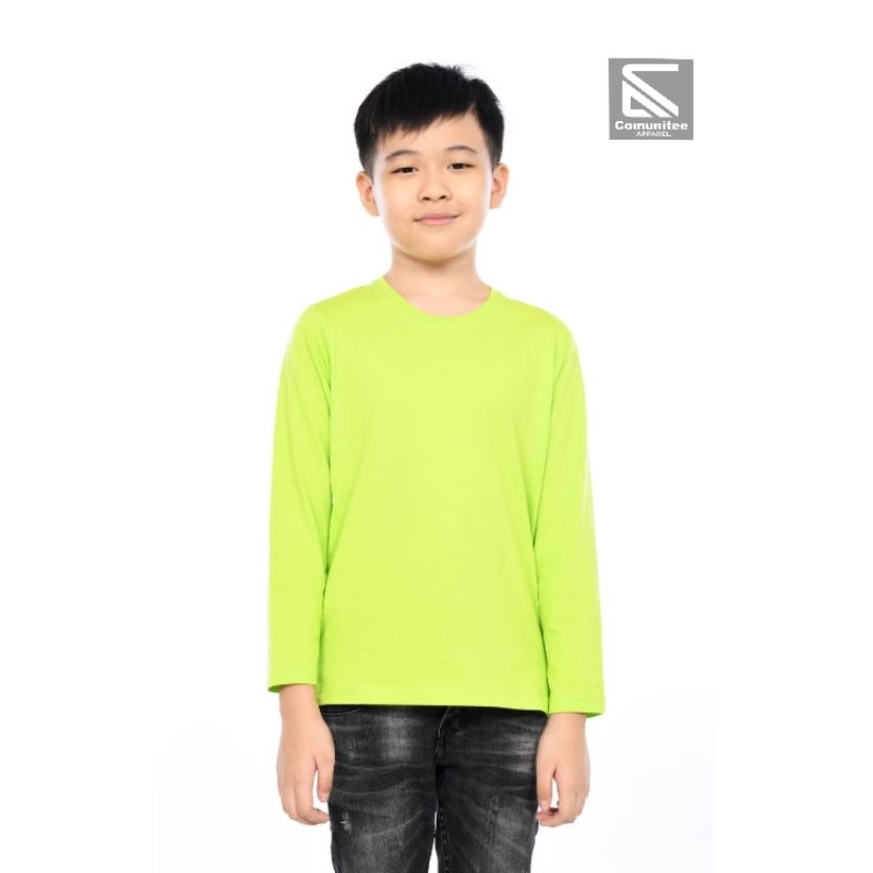 Hijau Children& 39;s เสื้อยืดแขนยาวผ้าฝ้ายธรรมดา Combed 30s เสื้อยืดสีเขียวนีออน