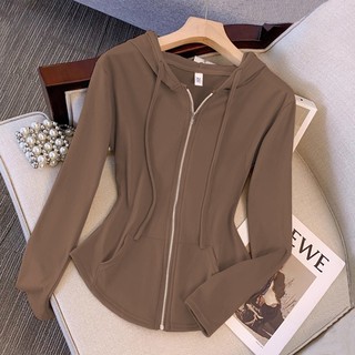 Cardigan hoodie resleting coklat stylish, crop top lengan panjang ala korea, atasan terbaru untuk wanita