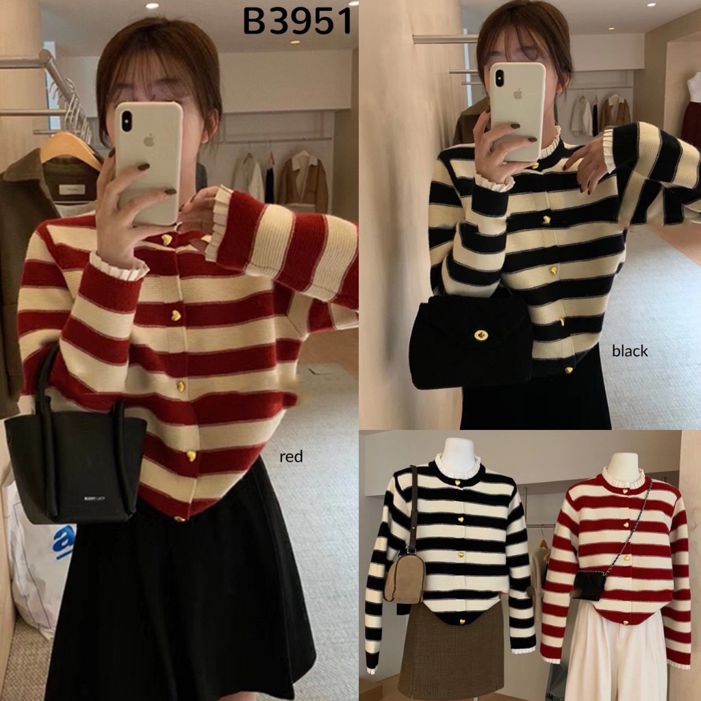 B3951 เสื้อคาร์ดิแกนถัก Jihyo Ruffle Stripe