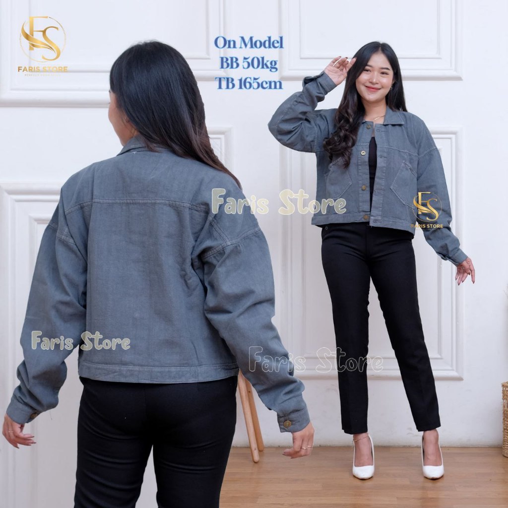 ขนาดใหญ่ Crop Jean Jacket ผู้หญิง Elvi Denim Jacket