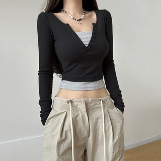 [Premium] Atasan Lengan Panjang Bergaris Warna Solid/Women's Fake Two Piece Long Sleeve Top