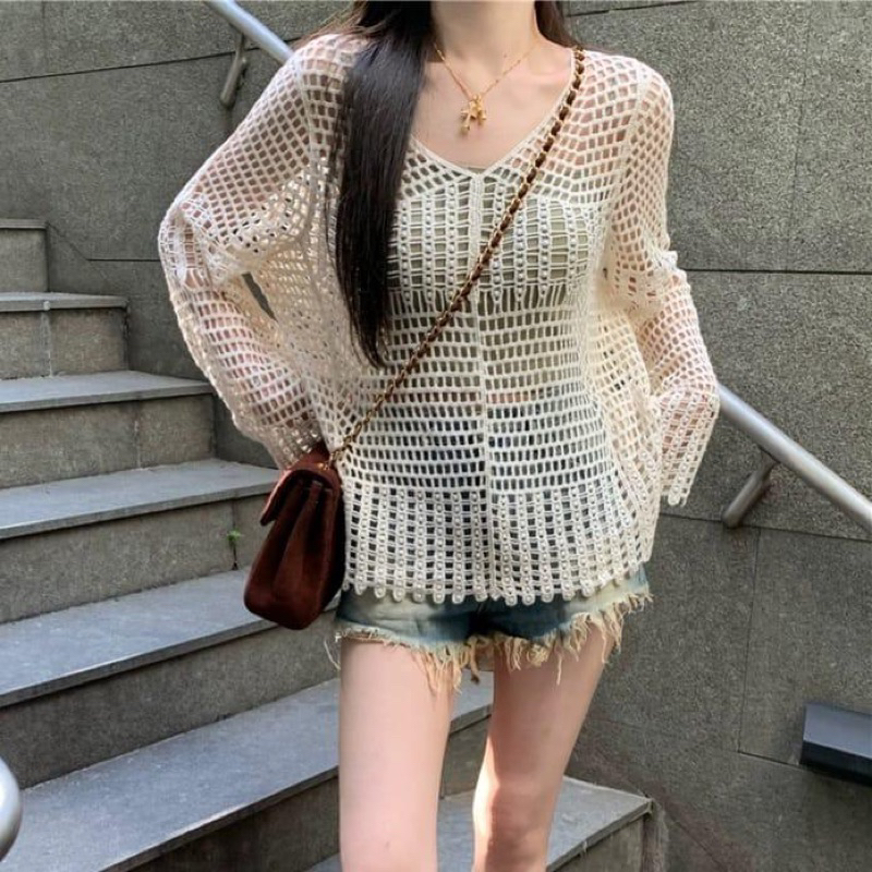 READY BLOUSE JOLYN LONG SLEEVE CROCHET TOP IMPORT KOREAN FASHION