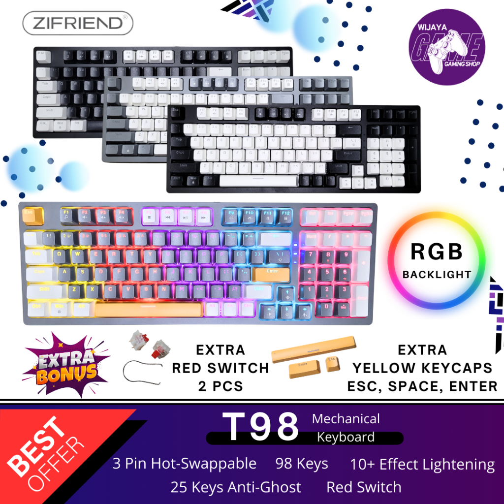 ZIFRIEND T98 Mechanical Gaming Keyboard สวิตช์สีแดง Pluggable 80% เค้าโครงแบบมีสาย RGB Light
