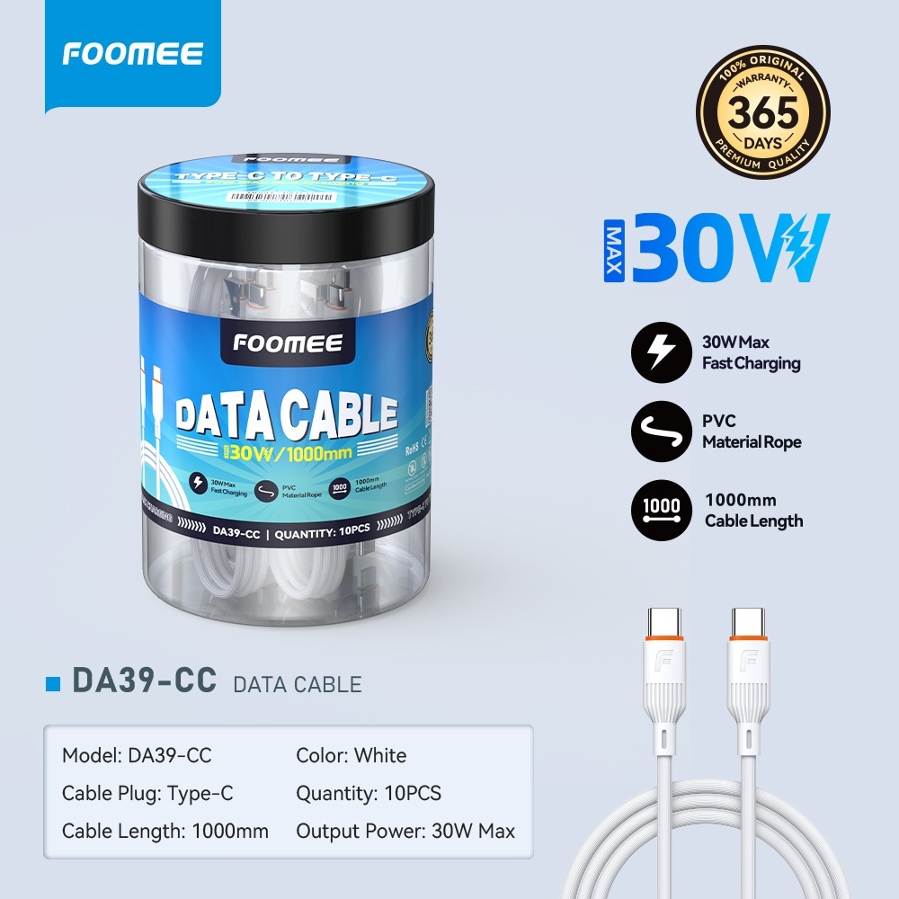FOOMEE DA39-CC TYPE-C TO TYPE-C DATA CABLE (1 JAR CONTAINS 10 PCS) 30W/1000MM FAST CHARGING DATA CAB