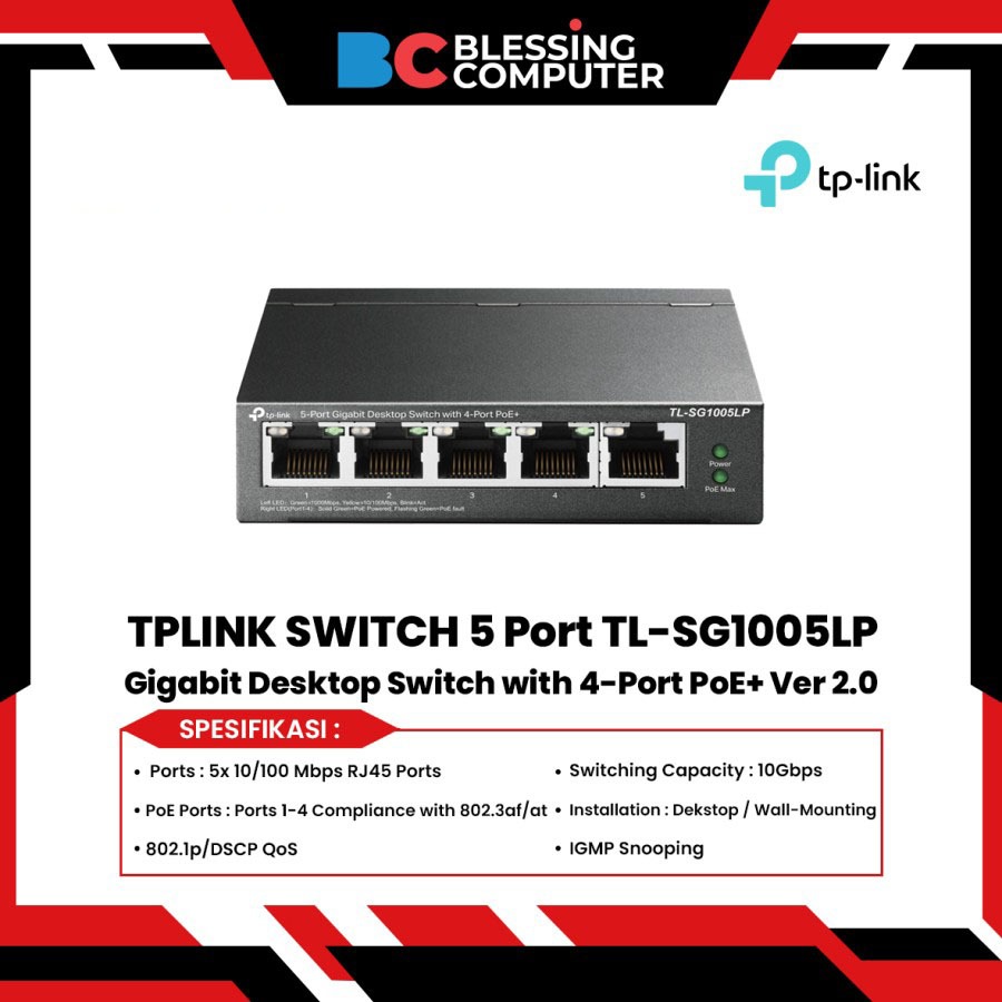 TPLINK SWITCH 5 พอร์ต TL-SG1005LP Gigabit Desktop Switch 4-Port PoE+