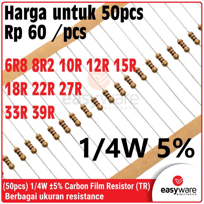 ตัวต้านทานฟิล์มคาร์บอน 50x 1/4W 5% 0.25W 6R8 8R2 10R 12R 15R 18R 22R 27R 33R 39R
