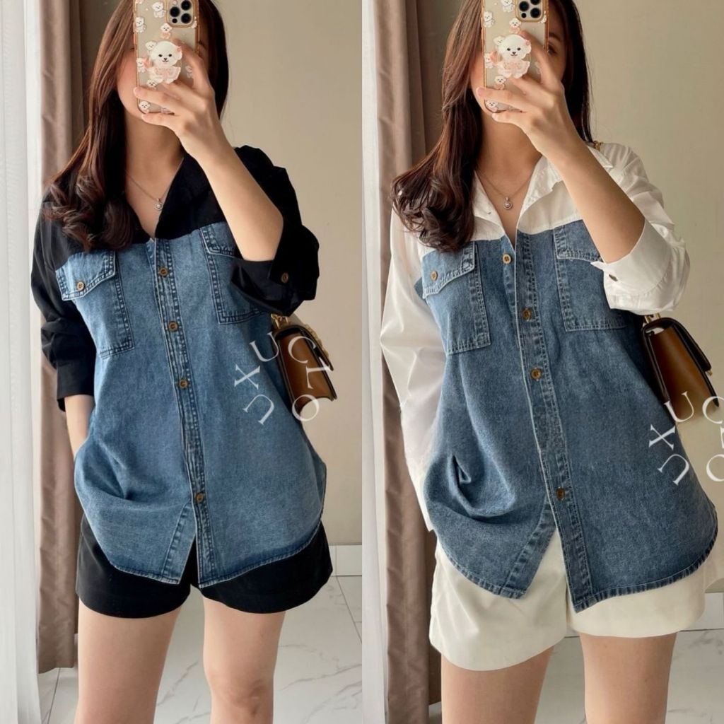 KATUN KEMEJA Uxuclo Denim Shirt เสื้อเชิ้ตยีนส์ผู้หญิงผสม Cotton Poplin/เสื้อแจ็คเก็ตยีนส์ผู้หญิง